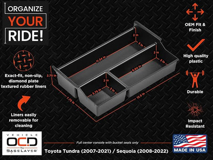 Vehicle OCD - Center Console Organizer Tray for Toyota Tundra (2007-2021) / Toyota Sequoia (2008-2022) - Made in USA - SLX125