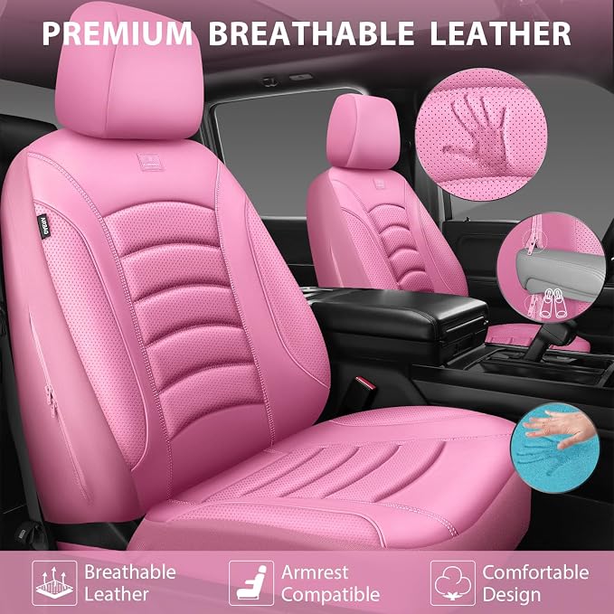 CAR PASS 3D Foam PU Leather Car Seat Covers, Universal Seat Covers Full Sets for Trucks SUV Sedan Automotive Seat Covers Armrest Airbag Compatible Waterproof Comfortable Faux Nappa Leather All Pink