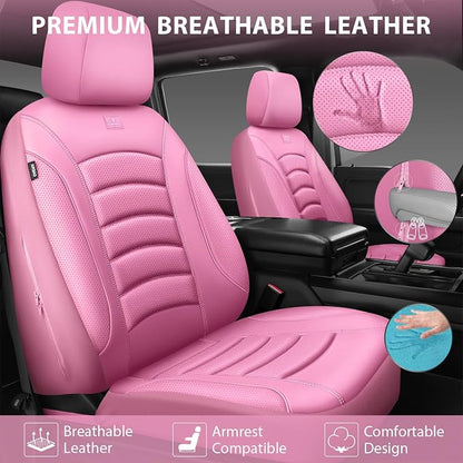 CAR PASS 3D Foam PU Leather Car Seat Covers, Universal Seat Covers Full Sets for Trucks SUV Sedan Automotive Seat Covers Armrest Airbag Compatible Waterproof Comfortable Faux Nappa Leather All Pink