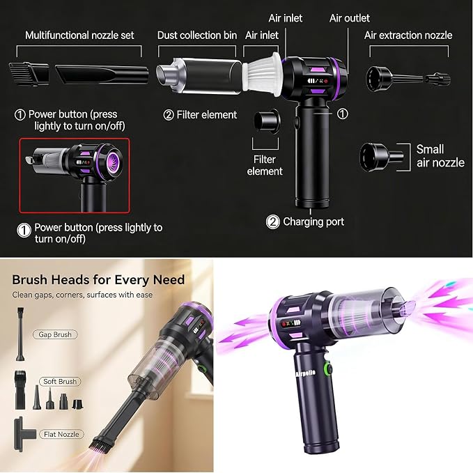 Airpollo® Car Vacuum Portable Cordless Handheld Cleaner Aspiradora para Carro, 4 in 1 with LED Screen V2 Portable 29000 Pa Suction Air Blower, Rechargeable High Power for Home, Long Lasting Battery