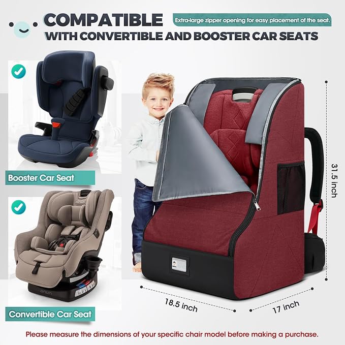 RAINSMORE Padded Car Seat Travel Bag for Airplane Heavy Duty Car Seat Backpack for Air Travel Baby Carseat Cover Bags for Airport Large Car Seats Carrier Fits Car Seats & Booster Seats,Red