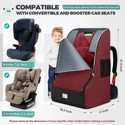 RAINSMORE Padded Car Seat Travel Bag for Airplane Heavy Duty Car Seat Backpack for Air Travel Baby Carseat Cover Bags for Airport Large Car Seats Carrier Fits Car Seats & Booster Seats,Red
