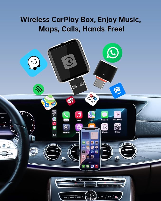 Wireless CarPlay Adapter for iPhone, Converts Factory Wired CarPlay to Wireless, Plug & Play Auto Reconnect, USB-A Dongle + USB-C Adapter, for Cars with OEM Wired CarPlay (iOS 10+, Car Model 2016+)