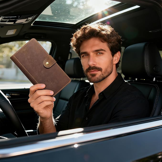 CoBak Genuine Leather Car Registration and Insurance Holder–Luxury Vehicle Glove Box Organizer, Premium Auto Document Case with Magnetic Closure for License, Cards & Papers，Brown