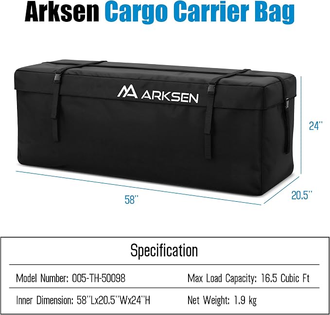 ARKSEN 58'' x 20.5'' x 24'' Waterproof Cargo Carrier Bag,Soft Sided Weather Resistant Luggage & Camping Gear Storage, Fits 60 Inch Hitch Mounted Baskets for Car, Truck, SUV, RV or Van