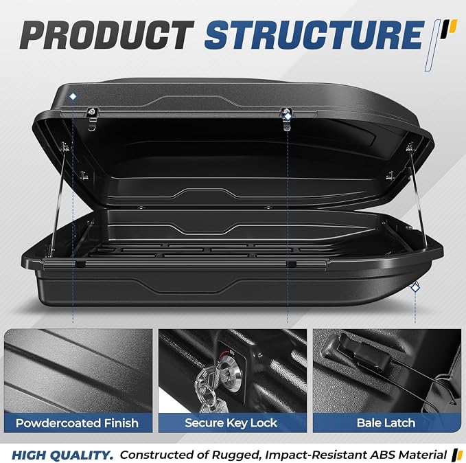 Auto Dynasty Roof Top Mount Car Storage Travel Luggage Box Cargo Carrier, 56.3 (L) x 36.8 (W) x 16.25 (H) Inches, Capacity 110 Pounds, 13 Cubic Feet (Tool-Free Install), Textured Black Finish