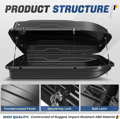 Auto Dynasty Roof Top Mount Car Storage Travel Luggage Box Cargo Carrier, 56.3 (L) x 36.8 (W) x 16.25 (H) Inches, Capacity 110 Pounds, 13 Cubic Feet (Tool-Free Install), Textured Black Finish
