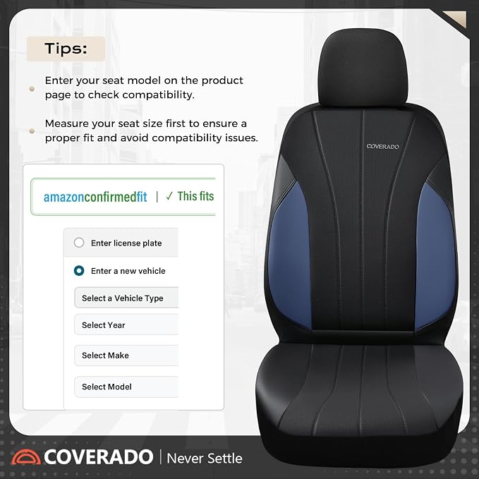 Coverado Car Seat Covers Full Set, 5 Seats Waterproof Nappa Leather Automotive Seat Protectors, Front & Rear Luxury Mesh Seat Covers, All-Weather Universal Fit for Most Cars SUVs, Trucks, Blue&Black