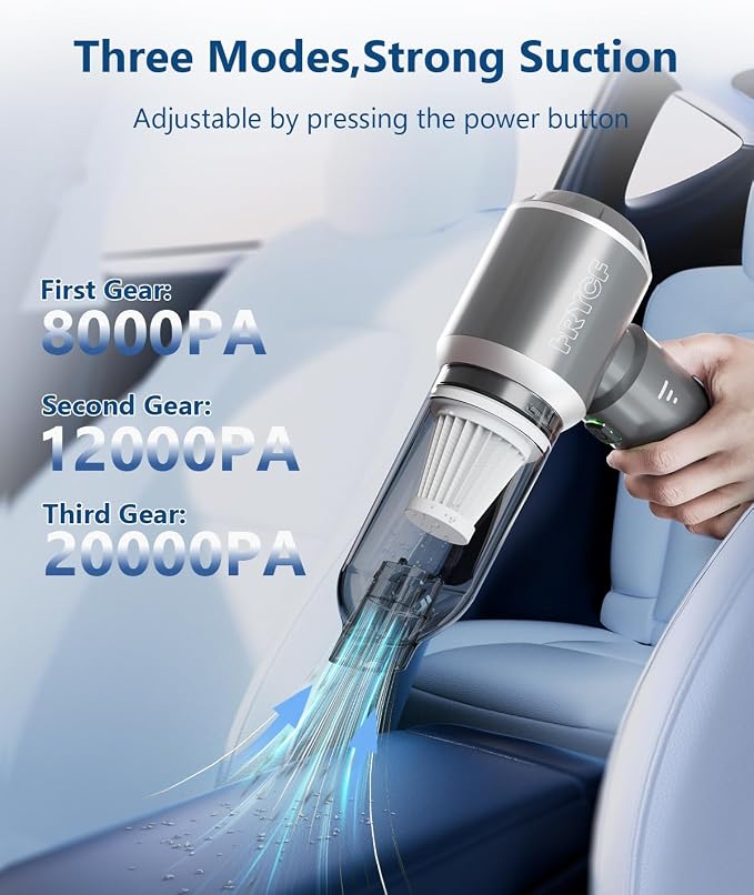CNMSGM Portable Cordless Handheld Car Vacuum Cleaner, 20000Pa Strong Suction Rechargeable Car Vacuum, 4-in-1 Mini Vacuum for Car Interior, Home, Couch, Pet Hair, and Tight Spaces (Gray)