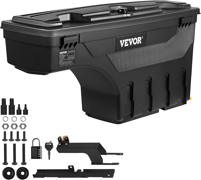 VEVOR Truck Bed Storage Box, Compatible with 2015-2020 Ford F150 R, Waterproof ABS Wheel Well Tool Box with Lockable Lid and Password Padlock, 6.6 Gal/25 L Truck Bed Toolbox, Passenger Side, Black