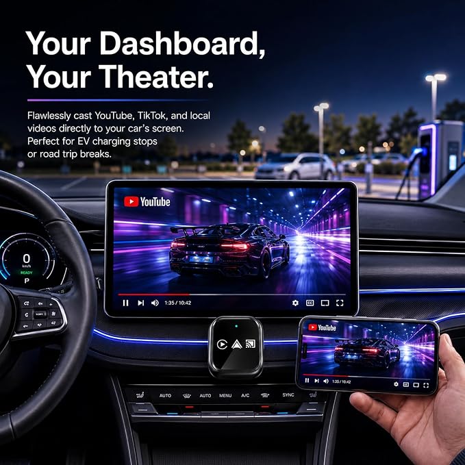 Screen Mirroring Adapter for Car, Mirror Phone to Car Screen | Wireless, 3-in-1 Car Play & Android Auto Adapter, Mini, USB C/USB A, Watch Youtube/Tiktok, Not for Netflix/Hulu,Low Latency
