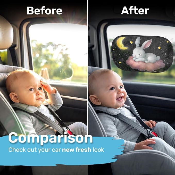 GENANY 2pcs Sleeping Rabbit Window Sun Shade for Sedan SUV Truck (21x14 Inches), Sun Shades for Side Window, Accessories for Kids, Baby Window Shades, Summer Car Decor