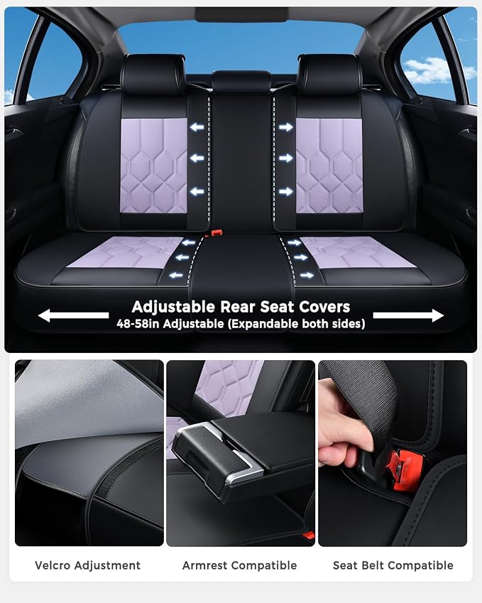 Huidasource Seat Covers Full Set, Universal Fit for Most Cars SUVs Trucks, Full Coverage Leather Seat Cover, Airbag, Cupholder Compatible, Seat Function Retain, Easy Install with Velcro, Black&Purple
