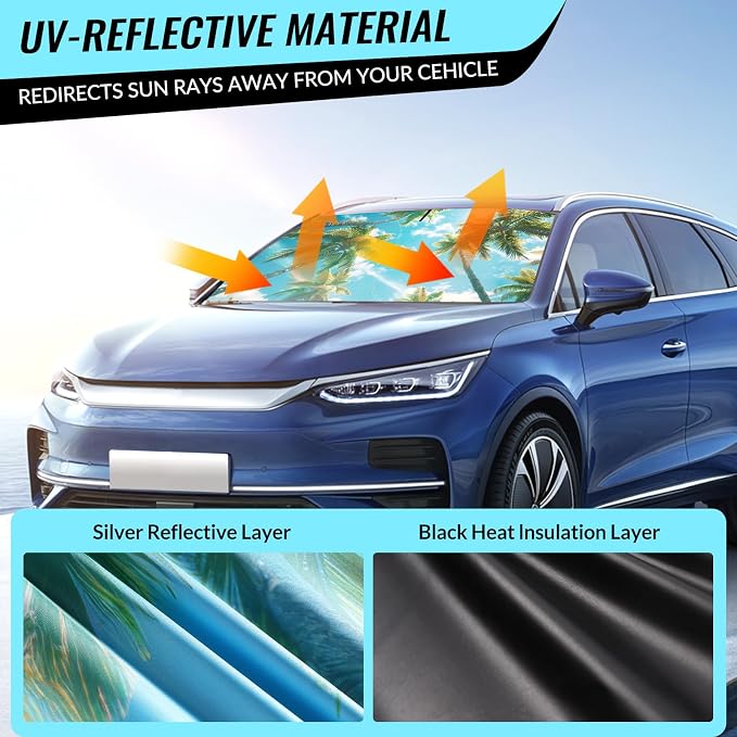 Avisky Windshield Sun Shade for Cars, Trucks & SUVs, Polyester Front Window Sunshade to Block UV Rays & Heat, Foldable Auto Front Windshield Cover, 57“x31”