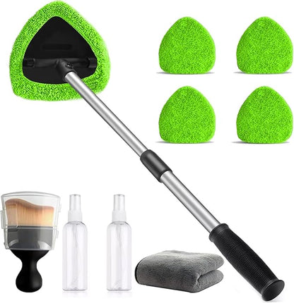 Car Windshield Cleaning Tools, Expandable Car Window Cleaner kit with 4 Reusable Microfiber Pads, Bottles, Windshield Cleaning Wand Tool, Auto Interior Dust Brush, for Trucks, SUVs, RVs etc