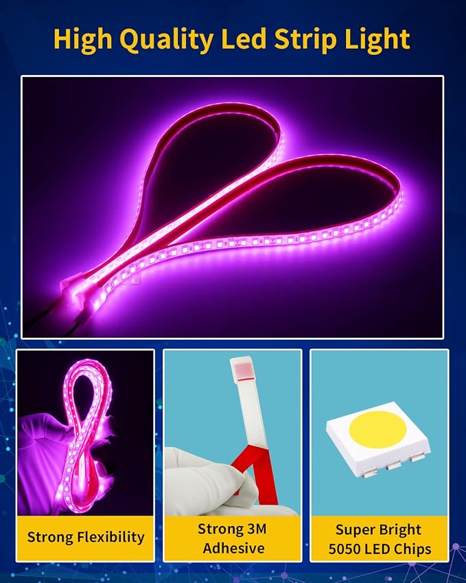 DUOFU365 Pink Led Strip Lights,24inch 12V Interior Light Strip IP68 Waterproof Cuttable for Car Motorcycles Boat Golf Cart Truck Cargo Home Decoration with Strong Nano Tape(4PCS)