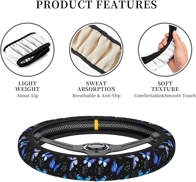 Butterflies Steering Wheel Cover Anti-Slip,Sweat Absorption Universal 15 inch Steering Wheel Covers Cute car Accessories for Men Women