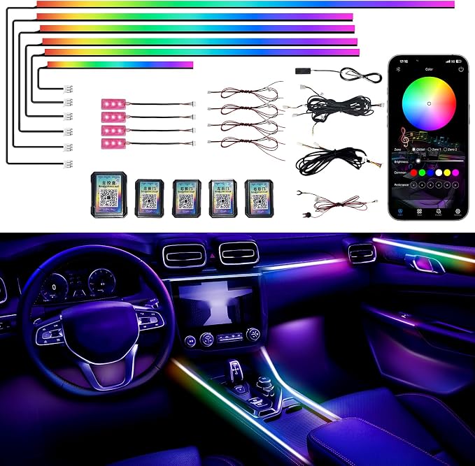 Acrylic Interior Car LED Strip Lights, Dreamcolor 10-in-1 Car Ambient Lighting Kit, with APP Control, 622 LED Fiber Optic Strip Lights for Cars, Supports Neon Sync with Music DIY Mode