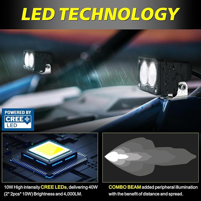 LED Pods, AKD Part 3 Inch CREE LED Off Road Driving Lights 40W Spot Flood Combo Small Ditch Light Fog Lights Pods 2 Packs for Truck Motorcycle SUV UTV ATV Dirt Bike Surron