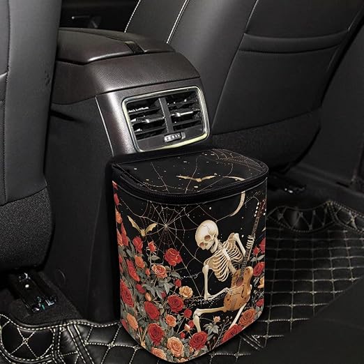Skull Vintage Roses Pattern Car Trash Can with Lid and Zipper Portable Foldable Trash Bin for Car Interior Accessories Multipurpose Garbage Can Bags Storage Organizer Halloween Decor