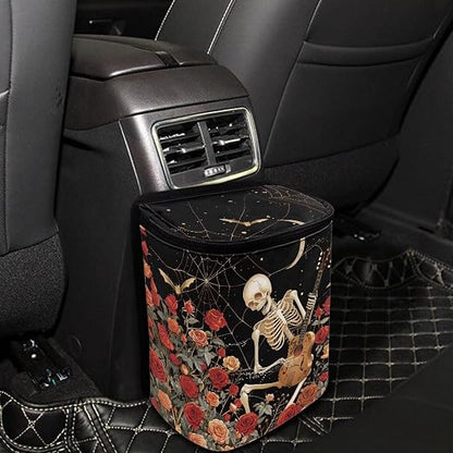 Skull Vintage Roses Pattern Car Trash Can with Lid and Zipper Portable Foldable Trash Bin for Car Interior Accessories Multipurpose Garbage Can Bags Storage Organizer Halloween Decor