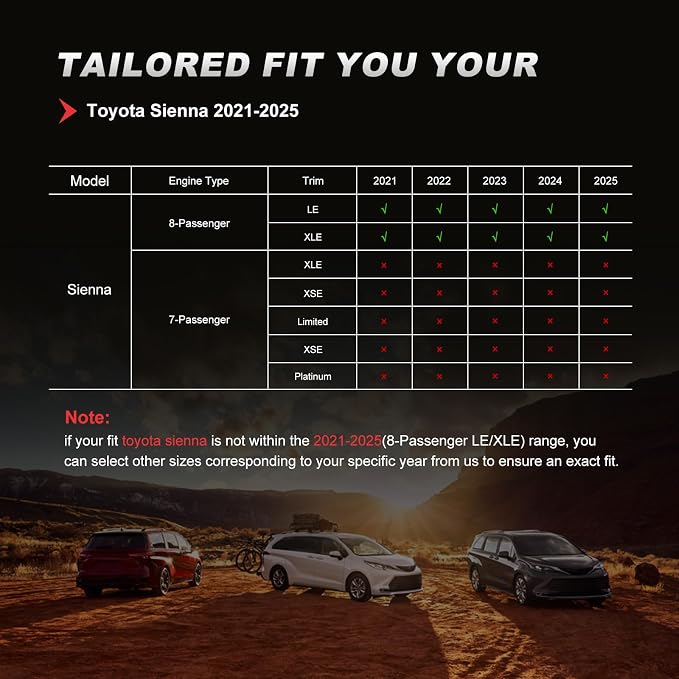 TTX LIGHTING Custom Fit Seat Covers for Toyota Sienna 2021-2025 LE, XLE,8 Seats,2nd Row 40/20/40 Bench Faux Leather Car Seat Covers Full Set Black/Gray