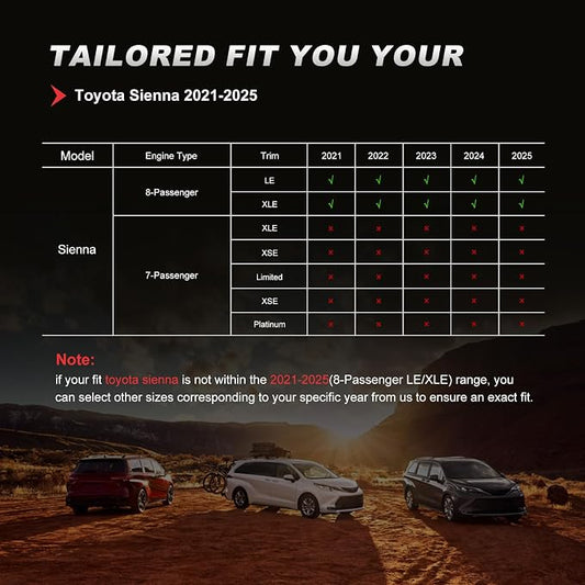 Custom Fit Seat Covers for Toyota Sienna 2021 2022 2023 2024 2025 LE, XLE,8 Seats,2nd Row 40/20/40 Bench, Full Set Sienna Seat Covers,Durable and Breathable Faux Leather,Airbag compatible(Black/Red)