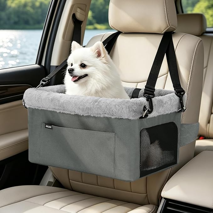 JOEJOY Deluxe Dog Booster Seat with Sturdy Metal Frame and Safety Leash for Small Pets up to 20 lbs - Portable Puppy Dog Car Seat with Thick Cushion and Storage Pockets for Small Dogs
