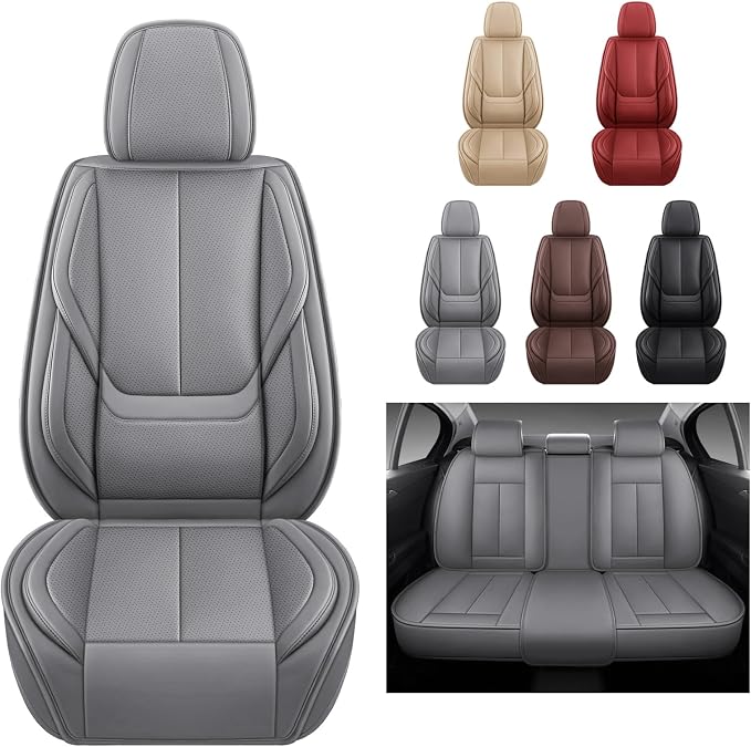 MINGBRON Leather Car Seat Covers,Car Seat Covers Full Set,Automotive Seat Covers 5 Seats,Fit for Most Cars SUV and Most Sedans Grey