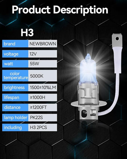 NEWBROWN H3 Headlight Bulb H3 Fog Light Bulb5000K Super White Light Long Life Replacement PK22S 12V/55W (H3, 2 Pack)