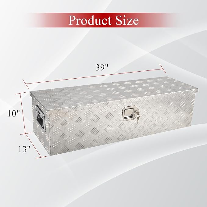 39''Inch Aluminum Truck Tool Box Truck Bed Toolbox Truck Trailer Chest Box Trailer Underbody Storage Organizer Waterproof Square Storage Organizer w/Lock & Keys Silver(‎39" Lx13 Wx10 H)