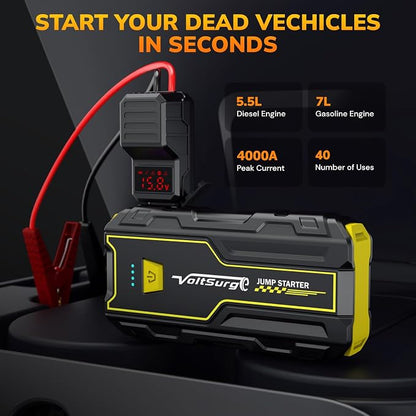 4000A Portable Jump Starter for Car, 12V Jump Box for Engine Max 7.0L Gas/5.5L Diese, Jumper Starter Battery Charger Pack with LED Flashlight & USB Port