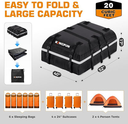 Kingfun Car Rooftop Cargo Carrier – Waterproof 20 Cubic Feet Car Roof Bag Fit All Vehicles with/Without Roof Racks, Includes Anti-Slip Mat, 8 Reinforced Straps & 6 Door Hooks, Luggage Locks（Black）