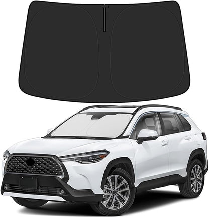 BIBLOZ Windshield Sun Shade for Toyota Corolla Cross 2022-2025 2026 Accessories Foldable Sunshade with Storage Pouch PET Material Keeps The Car Cool Inside(Not for Corolla)