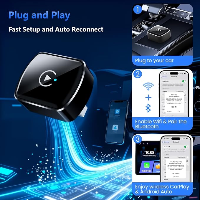 26Upgrade Wireless CarPlay Adapter & Android Auto, 2-in-1 CarPlay Adapter Convert Wired to Wireless, Mini Size with USB A & USB-C Extension Cable, Plug & Play, Stable Connection & No Delay (Black-2.0)