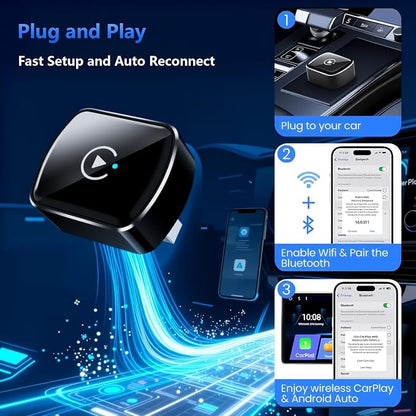 26Upgrade Wireless CarPlay Adapter & Android Auto, 2-in-1 CarPlay Adapter Convert Wired to Wireless, Mini Size with USB A & USB-C Extension Cable, Plug & Play, Stable Connection & No Delay (Black-2.0)