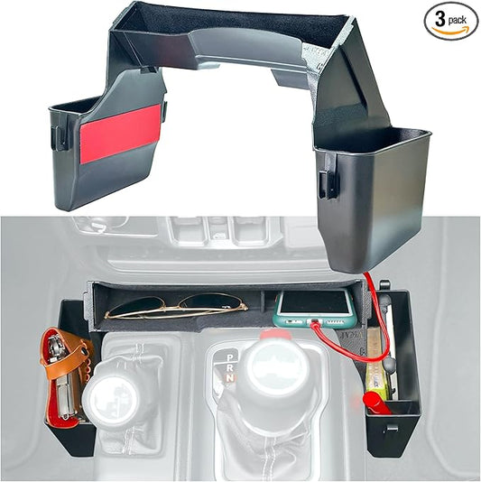 JVMA 4 Hooks Center Console Organizer Gear Shift Tray 3 PCS All Lined | for Jeep Wrangler JL JLU 4xe 2026 2025-2018 & Jeep Gladiator JT 2026-2020 Rubicon Sahara Interior Accessories Upgrade Patent
