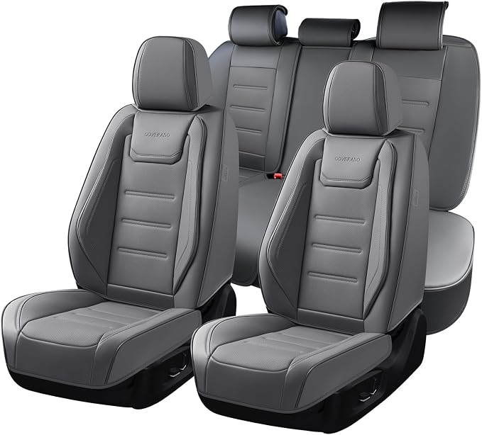 Coverado Car Seat Covers Full Set, Seat Covers for Cars, Car Seat Cover, Car Seat Protector Waterproof, Leather Car Seat Cushion, Universal Car Interior Covers Seat Protectors for Most Cars Gray