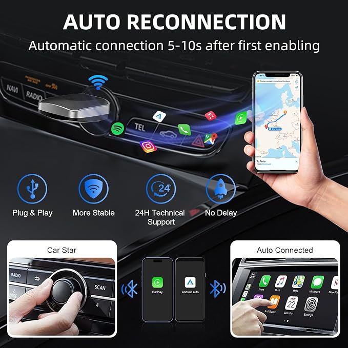 Plug and Play CarPlay Wireless Adapter for Apple iPhone Wireless Android Auto,Fast Auto Connect USB A/Type-C with 927+ Models from 2015 / iOS 10+ / Android 11+
