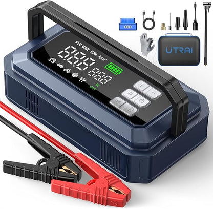 UTRAI Jump Starter with Air Compressor,8000A Portable Car Battery Jump Starter for All Gas/12L Diesel,150PSI Tire Inflator with Auto Shut-Off,160W DC Output, 2000LM Light,OBD2 Scanner