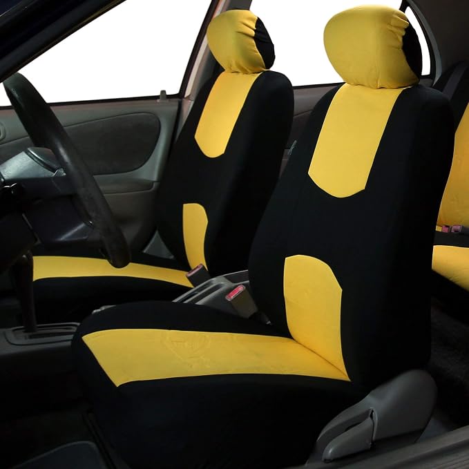 FH Group Bright Flat Cloth Full Set Automotive Seat Covers Front Set and Rear Solid Bench Yellow Black Seat Covers w. Gift Universal Fit Interior Accessories for Cars Trucks and SUVs