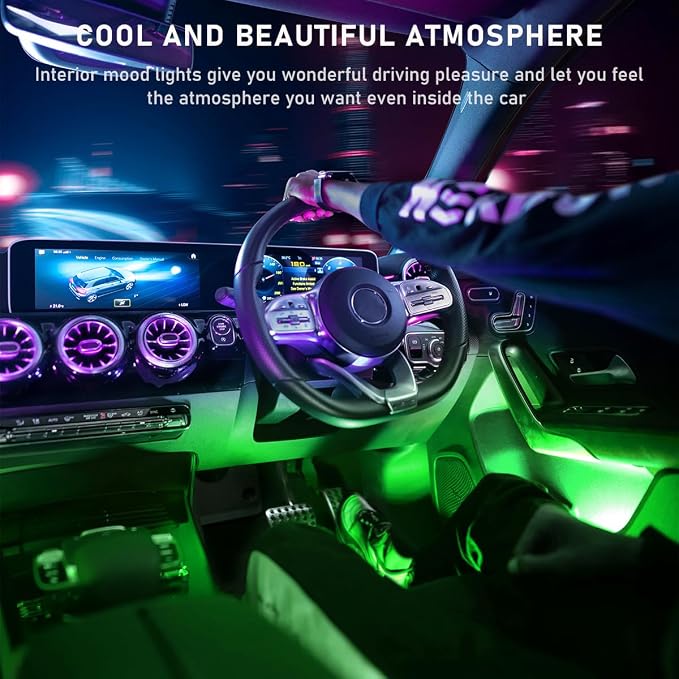 Ohleats Car LED Strip Light, 48 LED RGB Auto Interior Atmosphere Lights, Cigarette Lighter Under Dash Ambient Night Light, Interior Lamp Lighting Kit (Green, Cigarette Lighter)