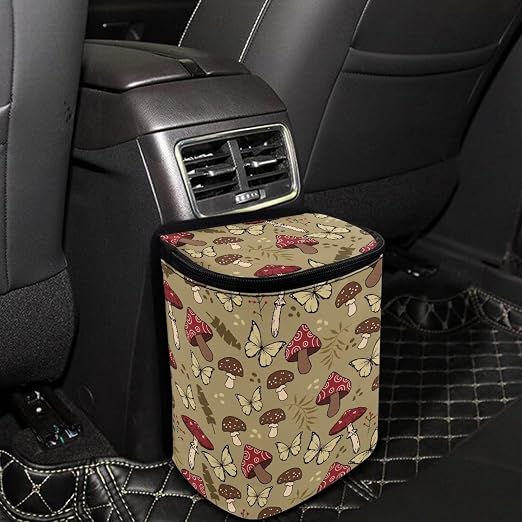 Talayituse Mushroom Butterfly Print Car Trash Can with Lid, Leak Proof Auto Trash Bag Hanging Vehicle Garbage Can Multipurpose Storage Container for Back Seat Road Trip