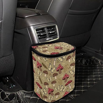 Talayituse Mushroom Butterfly Print Car Trash Can with Lid, Leak Proof Auto Trash Bag Hanging Vehicle Garbage Can Multipurpose Storage Container for Back Seat Road Trip