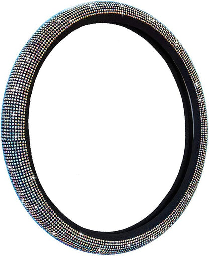 Car Sparkly Steering Wheel Cover Bedazzled for Women Girls, Large Size 15 1/2''-16'' inch Colorful Bling Anti-Slip Wheel Protector, Black