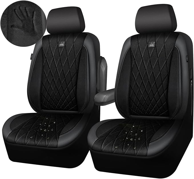 CAR PASS Luxury Faux Leather Car Seat Covers Front Seats, Breathable Soft Velvet Premium Automotive Seat Covers 2 Pack, Armrest Airbag Compatible Universal Fit for Most Sedan SUV Van Truck, Black