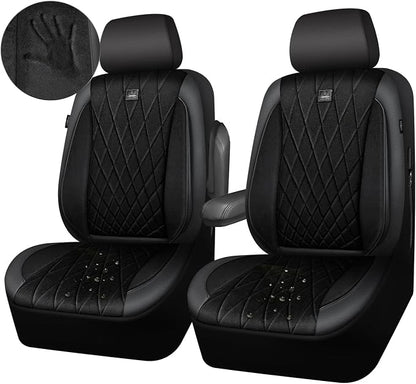 CAR PASS Luxury Faux Leather Car Seat Covers Front Seats, Breathable Soft Velvet Premium Automotive Seat Covers 2 Pack, Armrest Airbag Compatible Universal Fit for Most Sedan SUV Van Truck, Black
