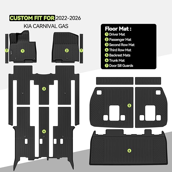 Tongama-Floor Mats for 2022-2025 2026 Kia Carnival Gas, All Weather TPE Floor Liners & Trunk Mat & Backrest Mats & Door Sill Guards for Kia Carnival Gas Waterproof Interior Accessories