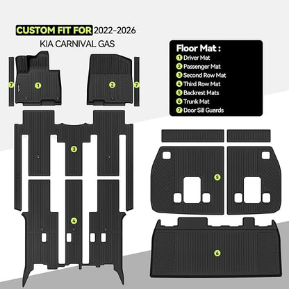 Tongama-Floor Mats for 2022-2025 2026 Kia Carnival Gas, All Weather TPE Floor Liners & Trunk Mat & Backrest Mats & Door Sill Guards for Kia Carnival Gas Waterproof Interior Accessories