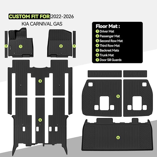 Tongama-Floor Mats for 2022-2025 2026 Kia Carnival Gas, All Weather TPE Floor Liners & Trunk Mat & Backrest Mats & Door Sill Guards for Kia Carnival Gas Waterproof Interior Accessories
